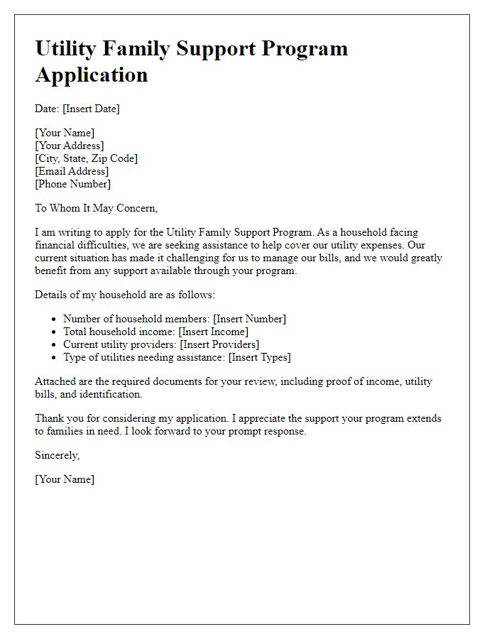 Letter template of utility family support program application.