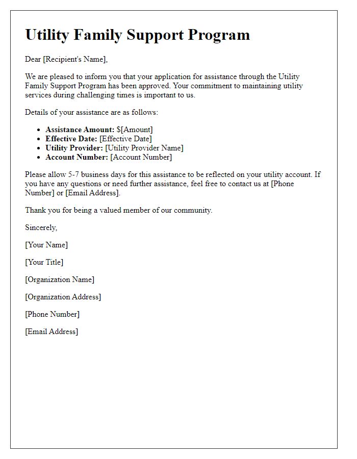 Letter template of utility family support program assistance confirmation.