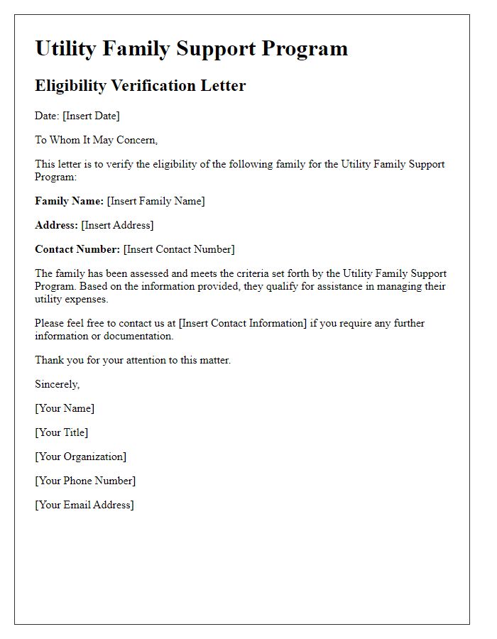 Letter template of utility family support program eligibility verification.