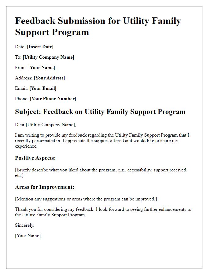 Letter template of utility family support program feedback submission.