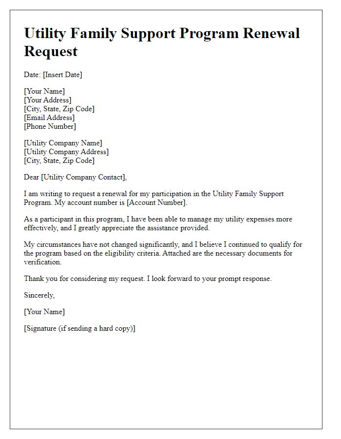 Letter template of utility family support program renewal request.