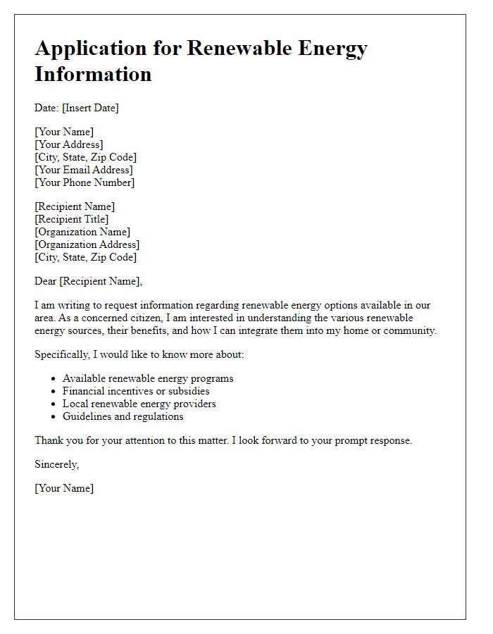 Letter template of application for renewable energy information