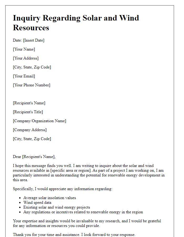 Letter template of inquiry regarding solar and wind resources