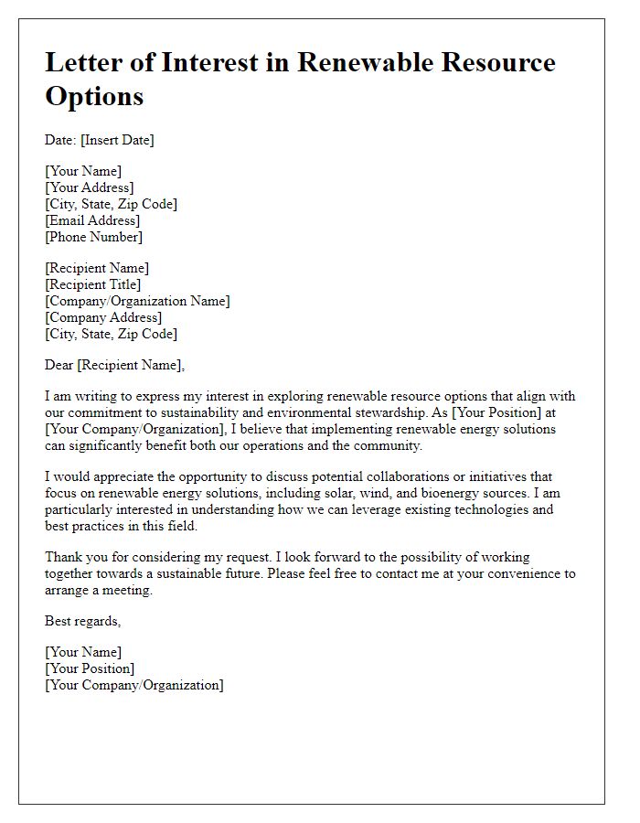 Letter template of interest in renewable resource options