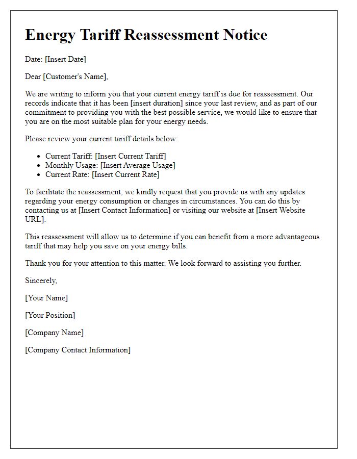 Letter template of energy tariff reassessment notice