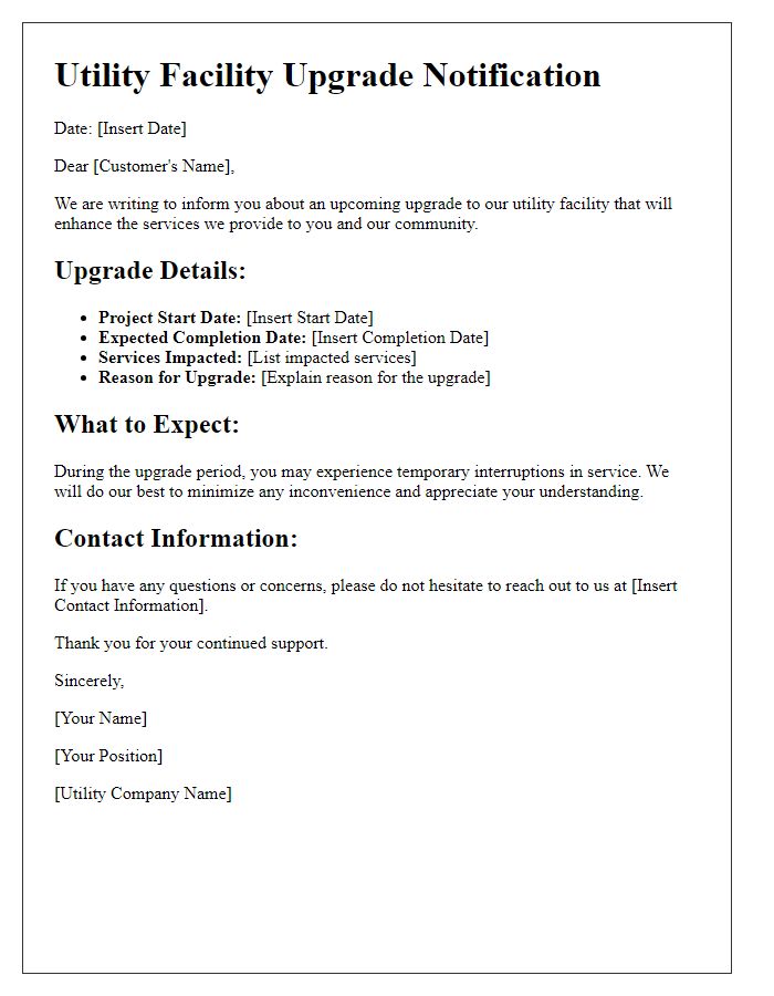 Letter template of utility facility upgrade details