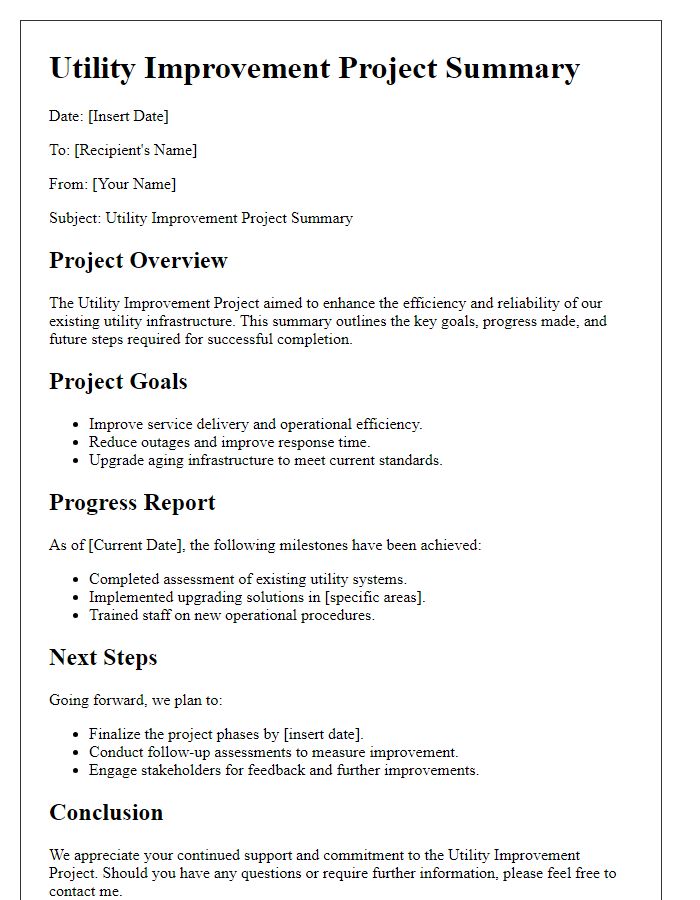 Letter template of utility improvement project summary