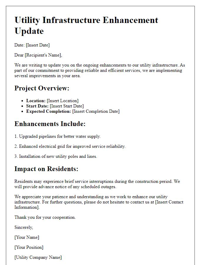 Letter template of utility infrastructure enhancement update