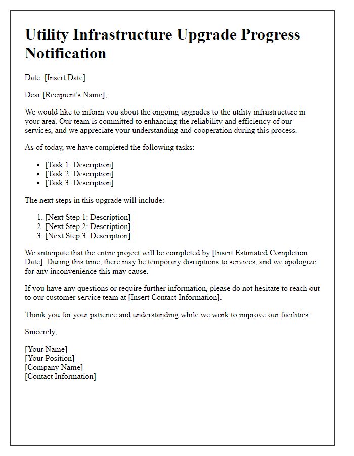 Letter template of utility infrastructure upgrade progress notification