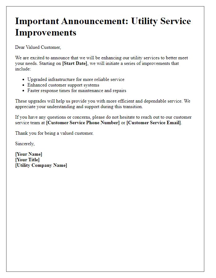 Letter template of utility service improvements announcement