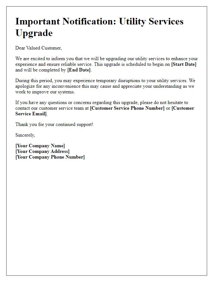 Letter template of utility services upgrade communication