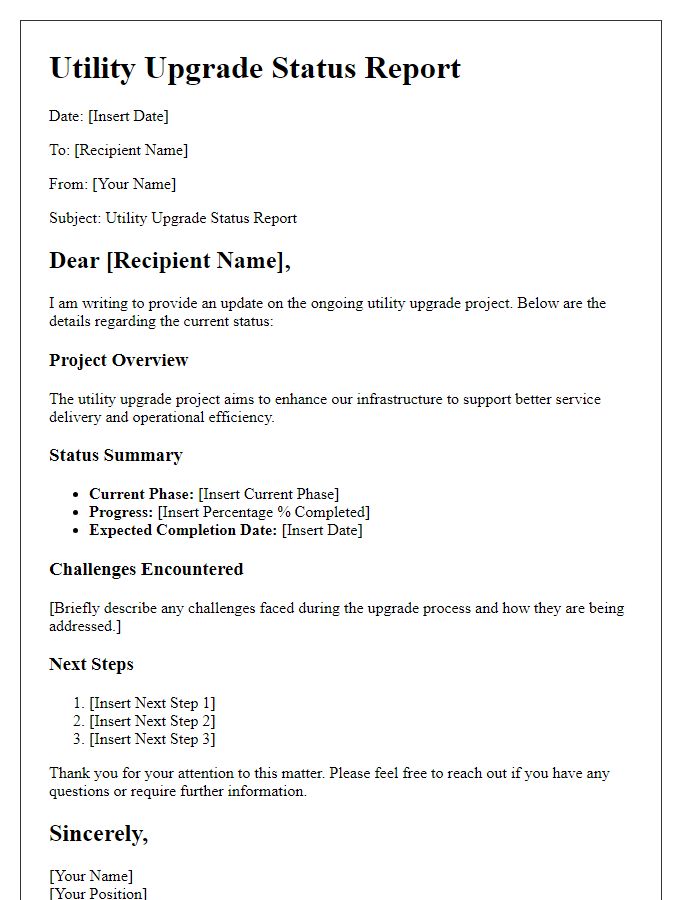 Letter template of utility upgrade status report