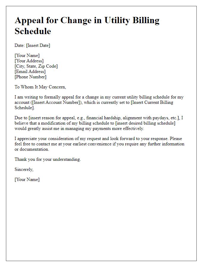 Letter template of appeal for different utility billing schedule