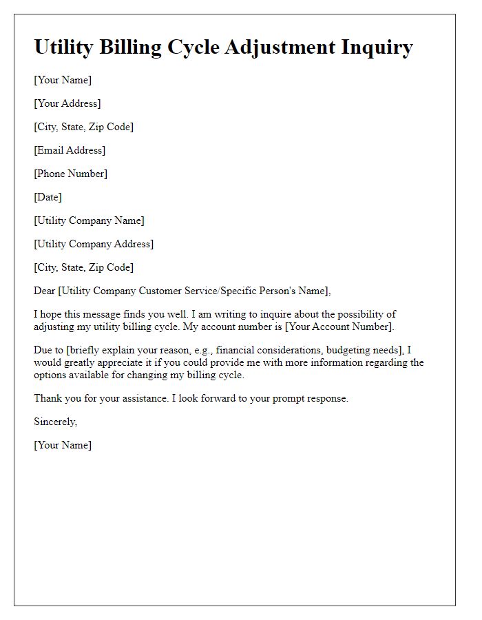 Letter template of inquiry regarding utility billing cycle adjustment