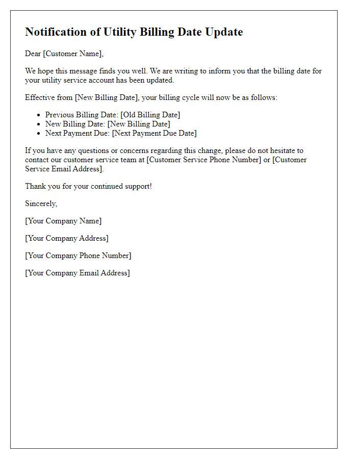 Letter template of notification for utility billing date update
