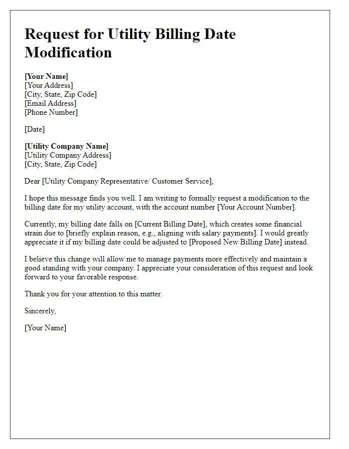 Letter template of request for utility billing date modification