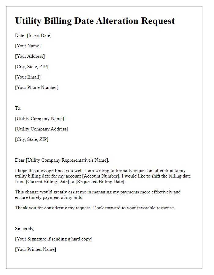 Letter template of submission for utility billing date alteration