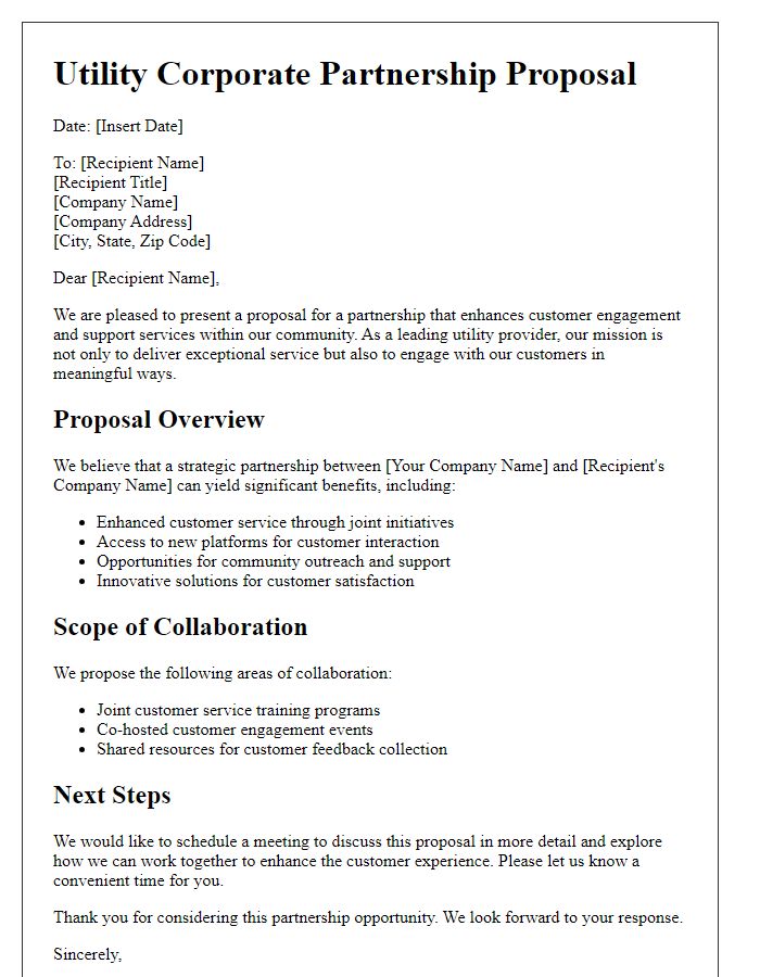 Letter template of Utility Corporate Partnership Proposal for Customer Engagement and Support Services