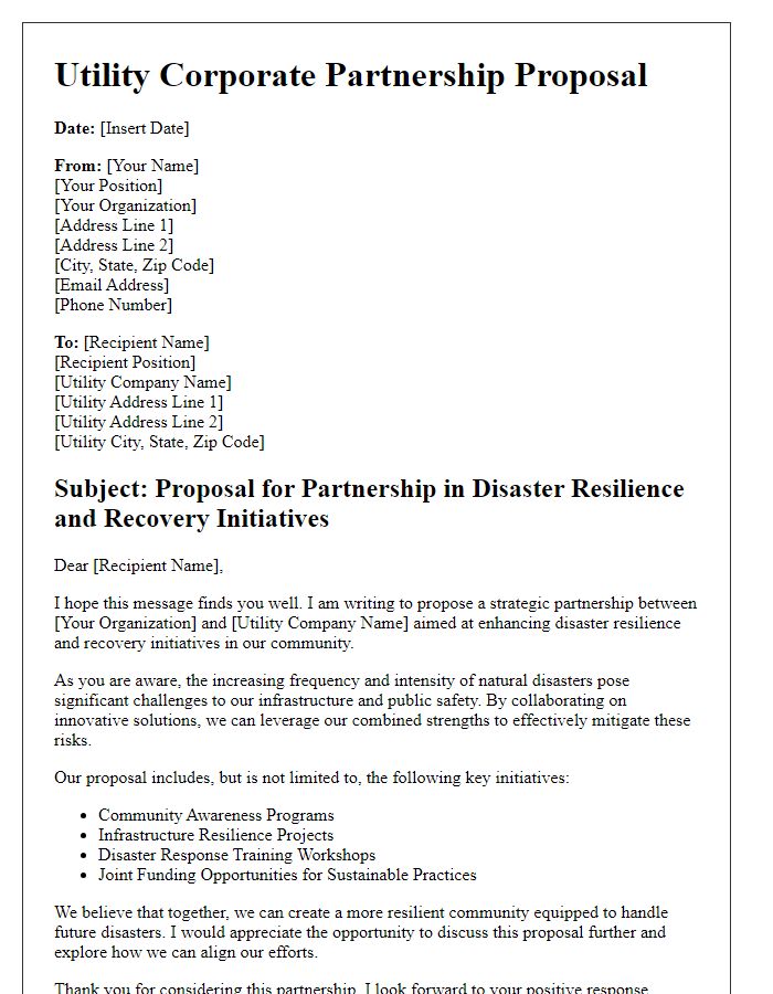 Letter template of Utility Corporate Partnership Proposal for Disaster Resilience and Recovery Initiatives