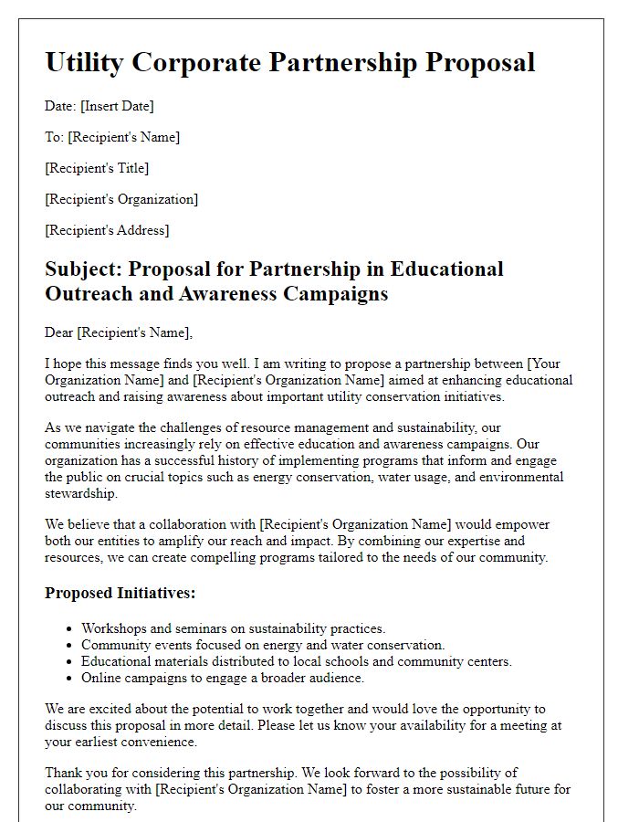 Letter template of Utility Corporate Partnership Proposal for Educational Outreach and Awareness Campaigns