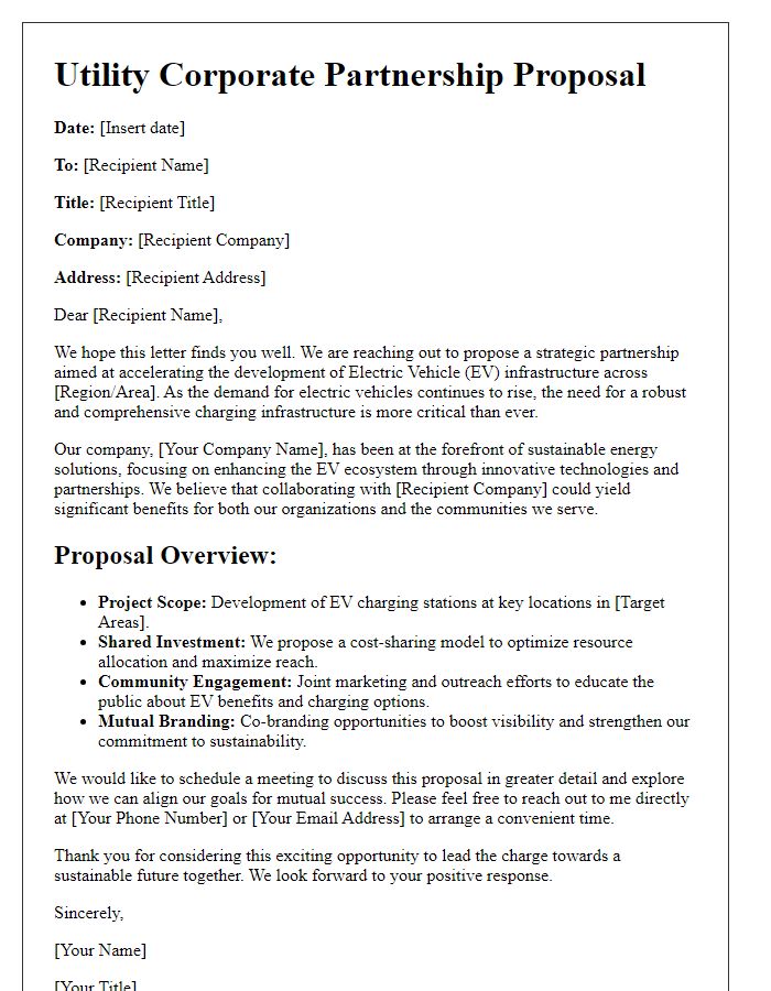 Letter template of Utility Corporate Partnership Proposal for Electric Vehicle Infrastructure Development