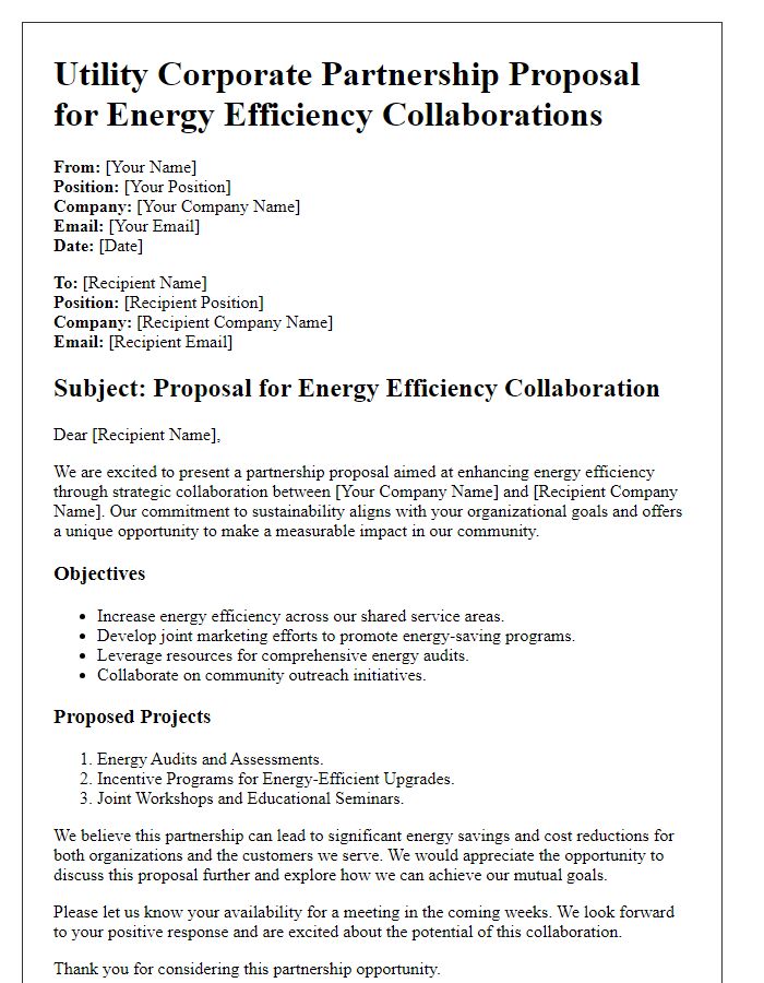 Letter template of Utility Corporate Partnership Proposal for Energy Efficiency Collaborations