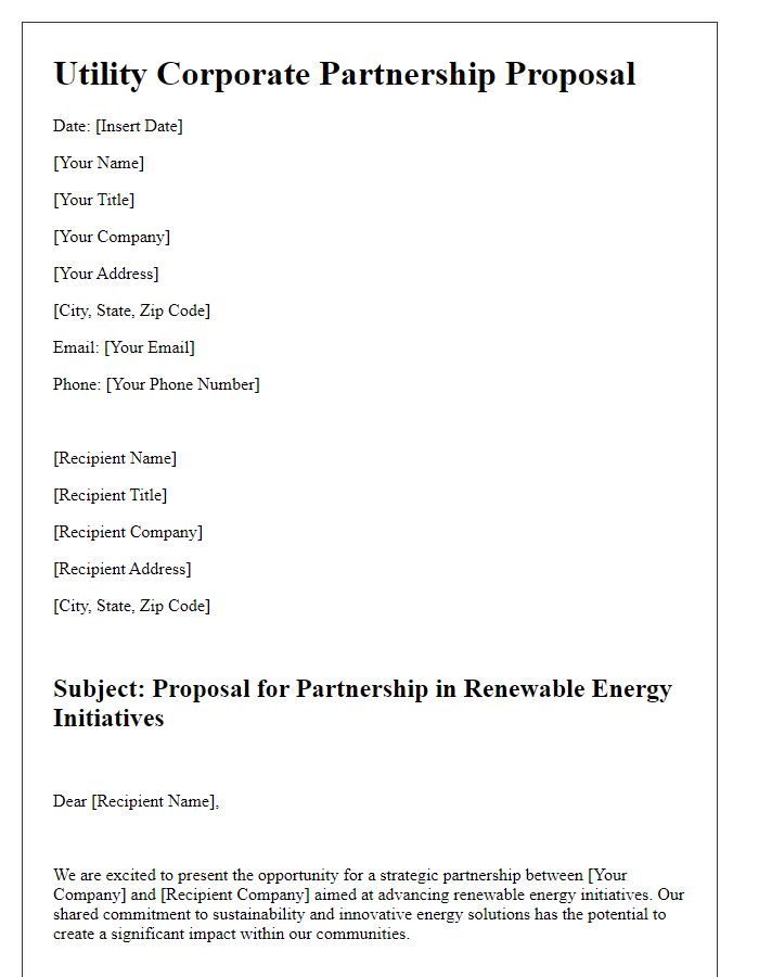 Letter template of Utility Corporate Partnership Proposal for Renewable Energy Initiatives