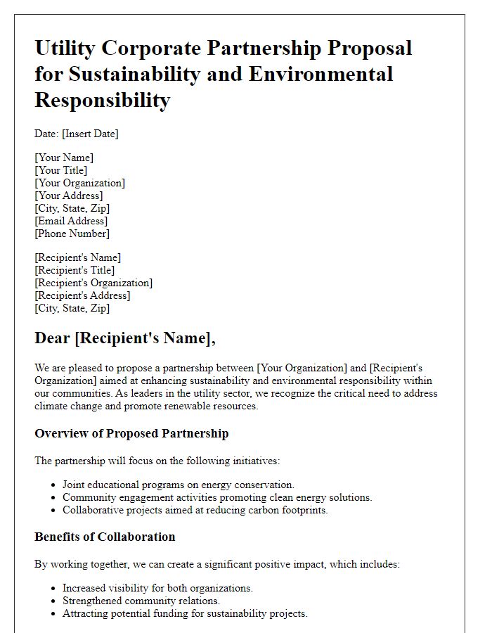 Letter template of Utility Corporate Partnership Proposal for Sustainability and Environmental Responsibility