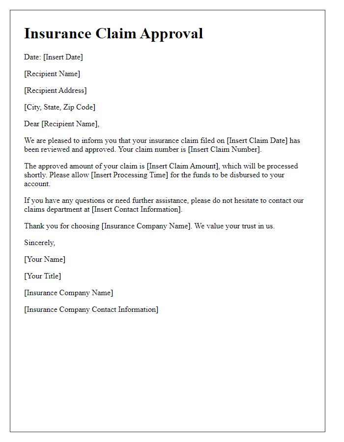 Letter template of insurance claim approval documentation