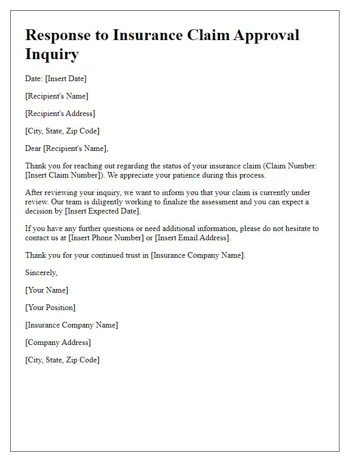 Letter template of insurance claim approval inquiry response