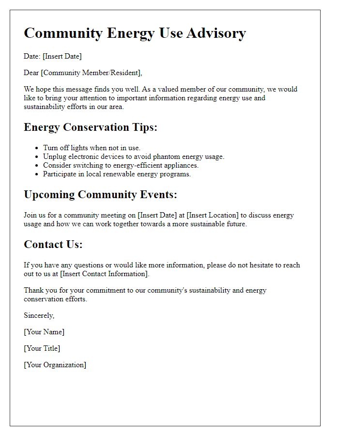 Letter template of community energy use advisory