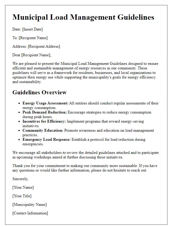 Letter template of municipal load management guidelines