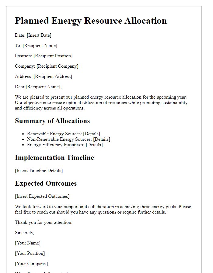 Letter template of planned energy resource allocation