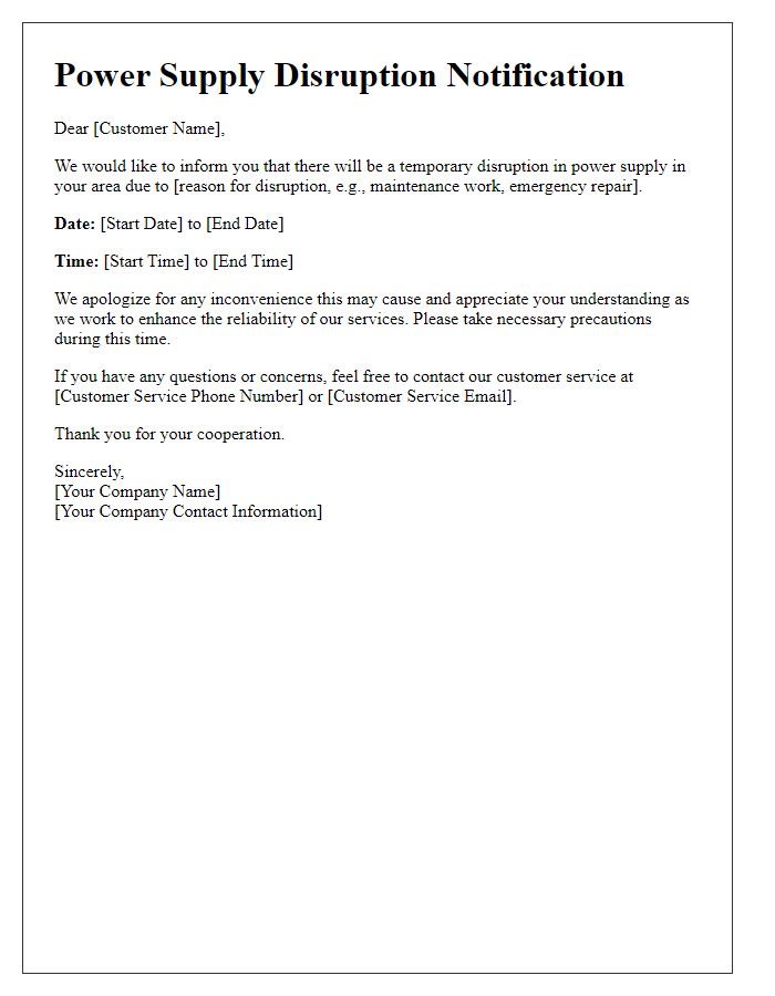 Letter template of power supply disruption information