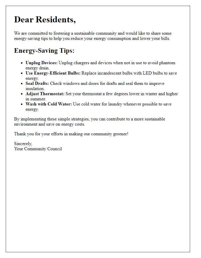 Letter template of energy-saving tips for residential areas