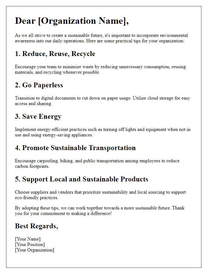 Letter template of environmental awareness tips for organizations