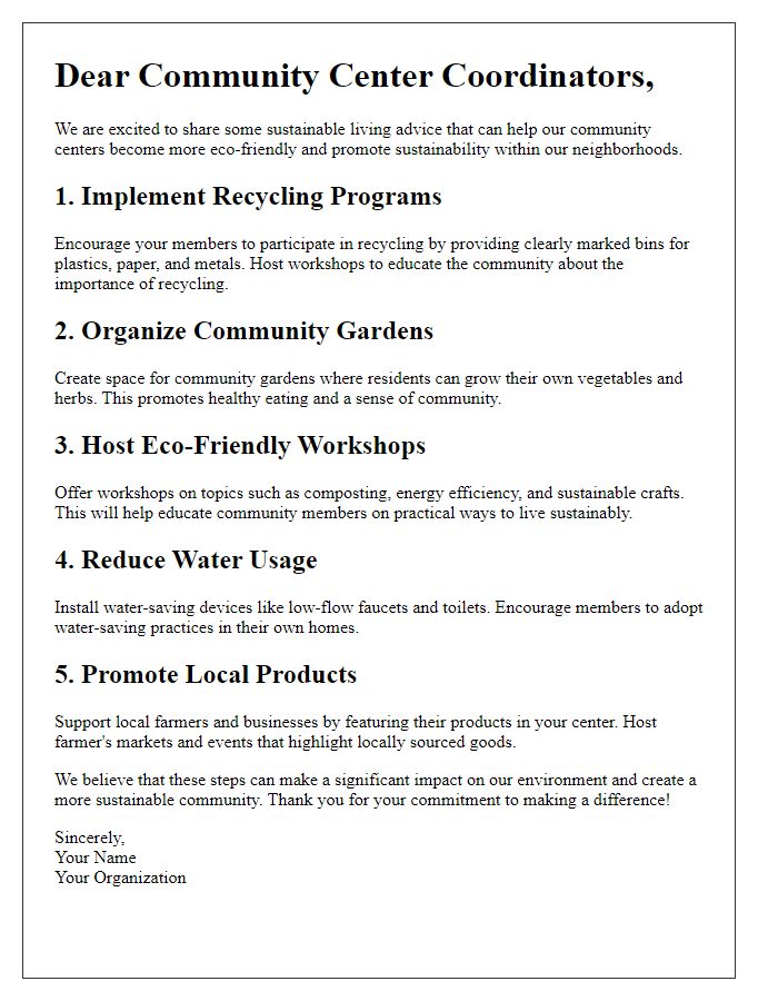 Letter template of sustainable living advice for community centers