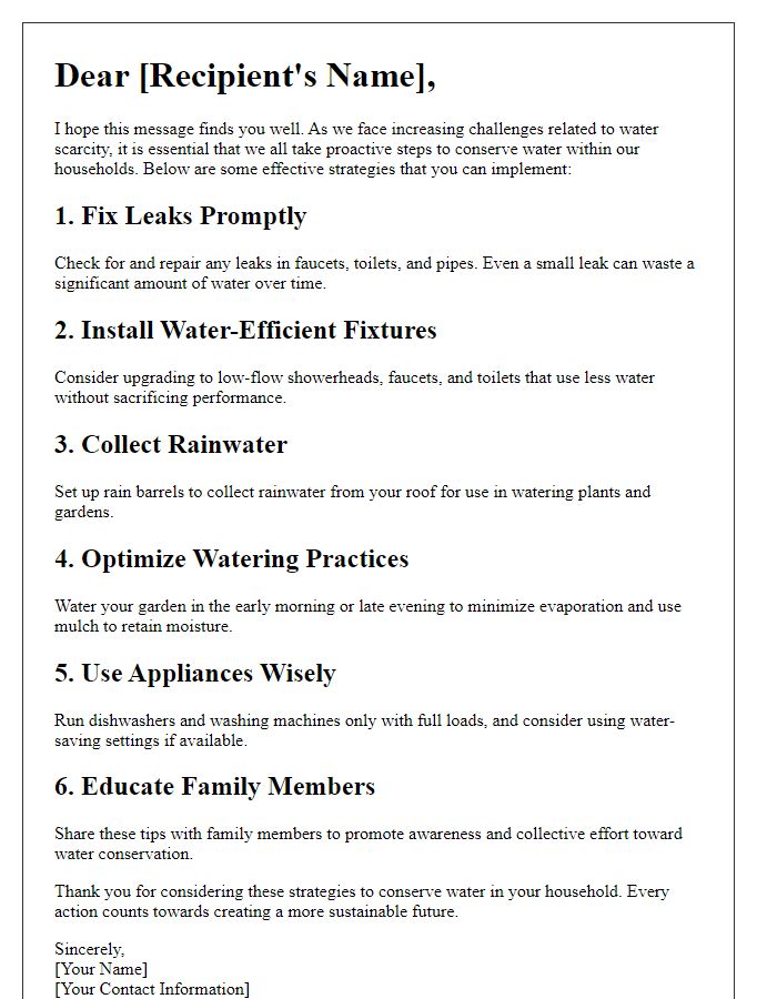 Letter template of water conservation strategies for households