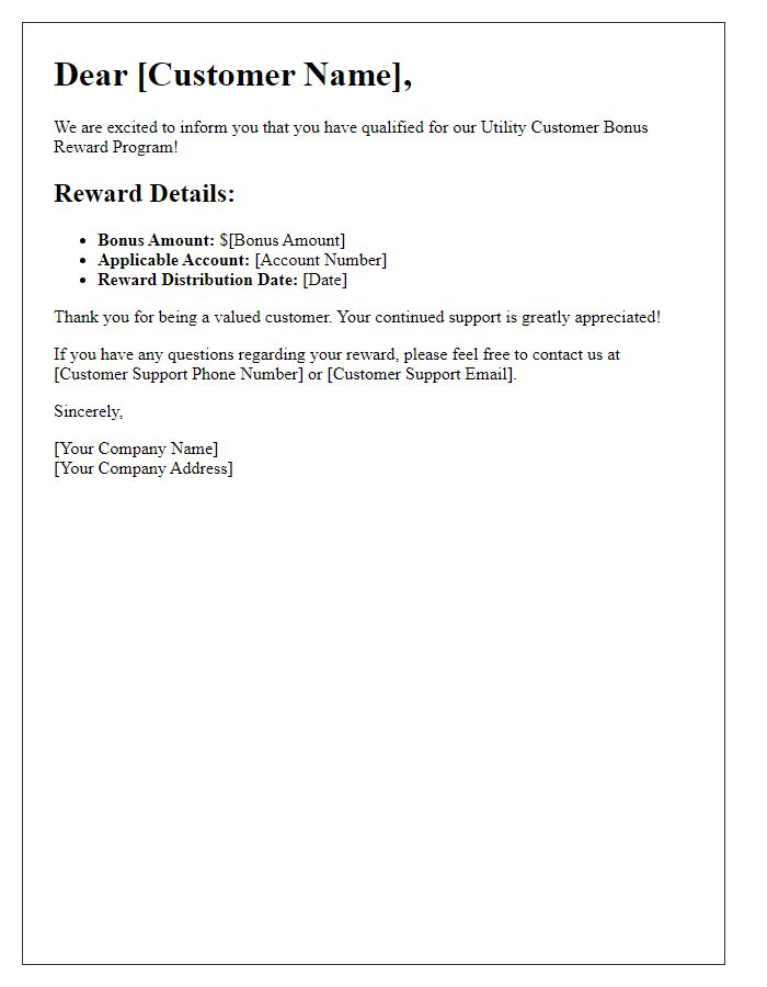 Letter template of utility customer bonus reward details