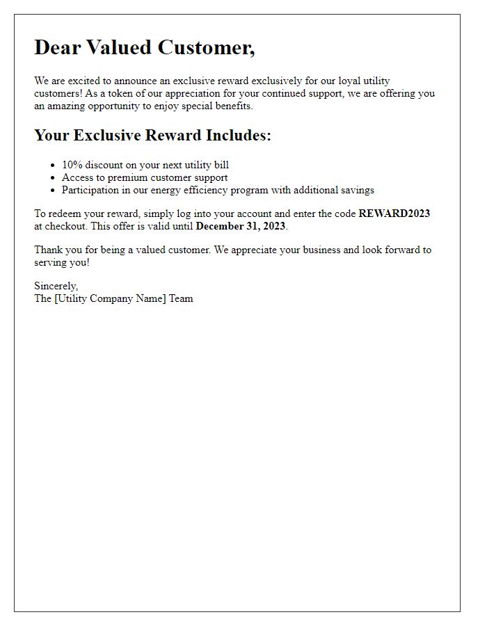 Letter template of utility customer exclusive reward announcement