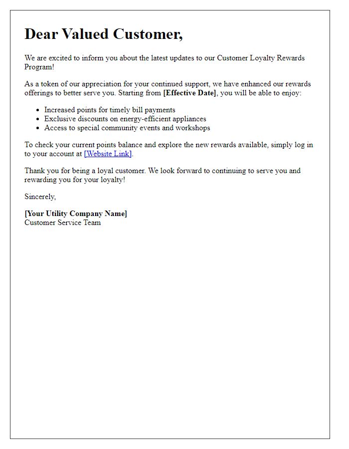 Letter template of utility customer loyalty rewards update