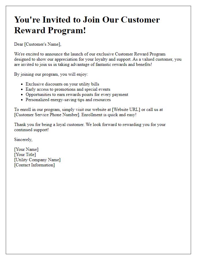 Letter template of utility customer reward program invitation