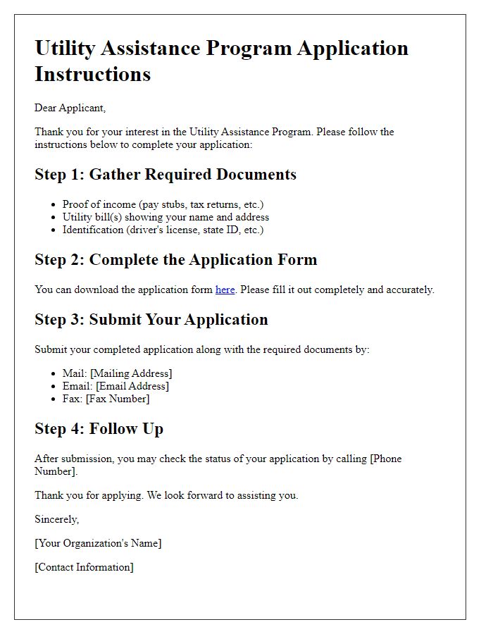 Letter template of utility assistance program application instructions