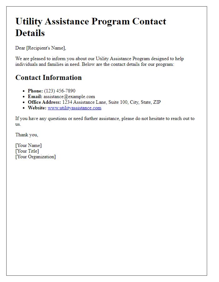 Letter template of utility assistance program contact details