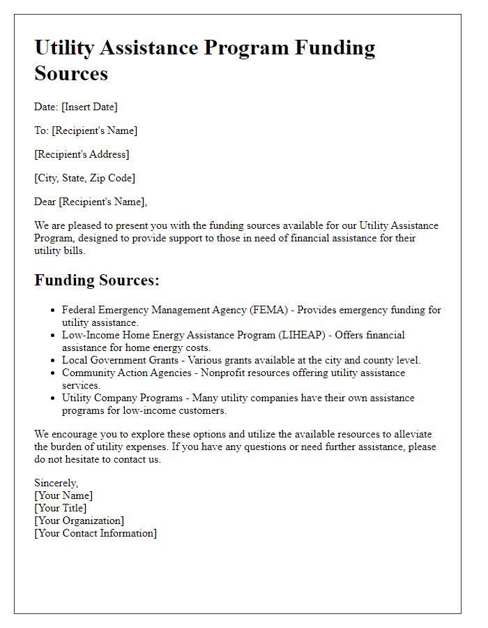 Letter template of utility assistance program funding sources