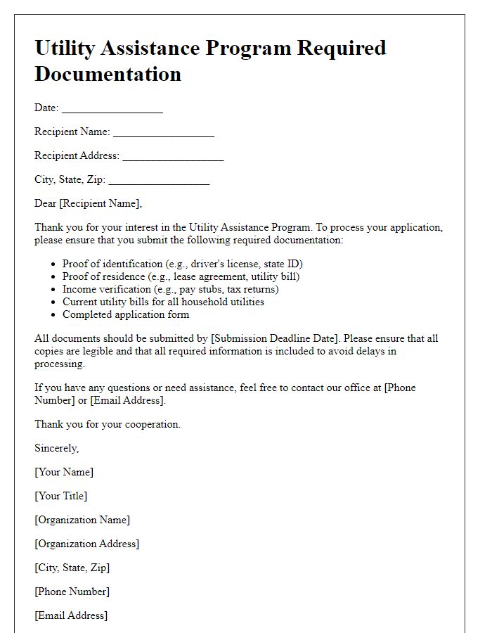 Letter template of utility assistance program required documentation