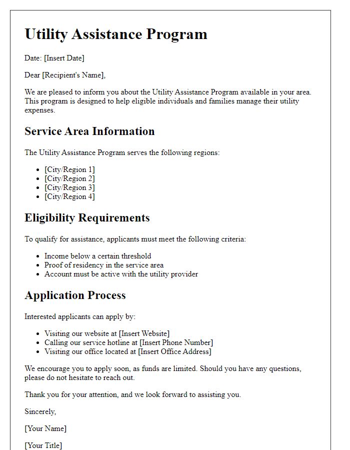 Letter template of utility assistance program service area information