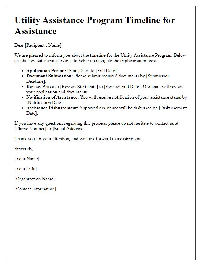 Letter template of utility assistance program timeline for assistance