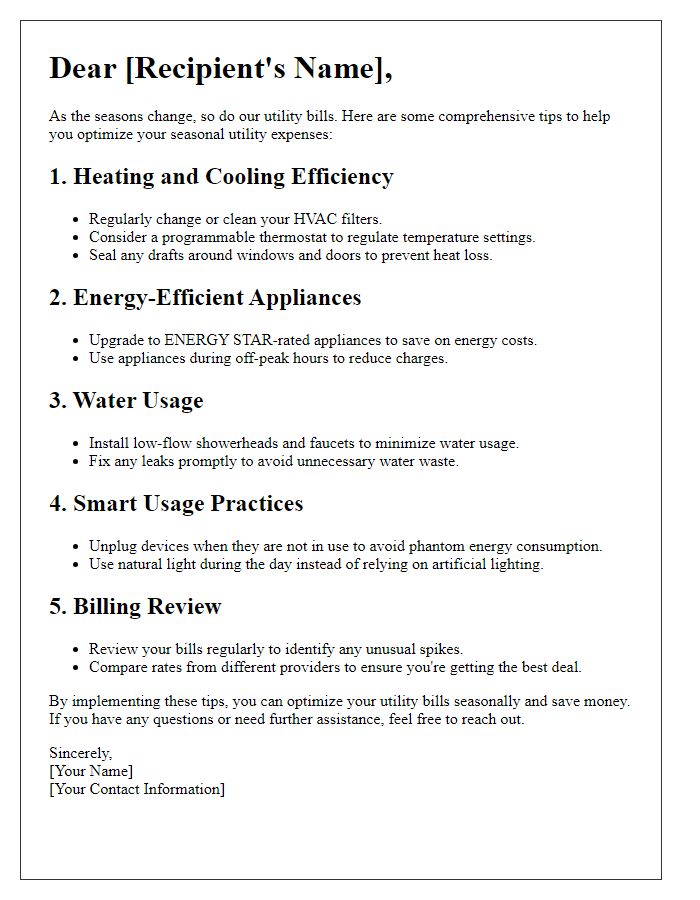 Letter template of comprehensive tips for optimizing seasonal utility bills