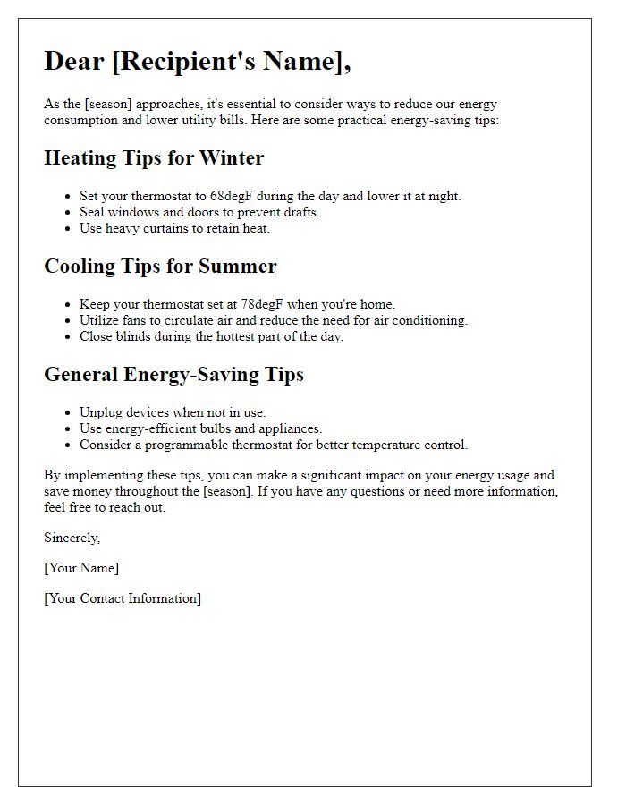 Letter template of energy-saving tips for seasonal utility usage